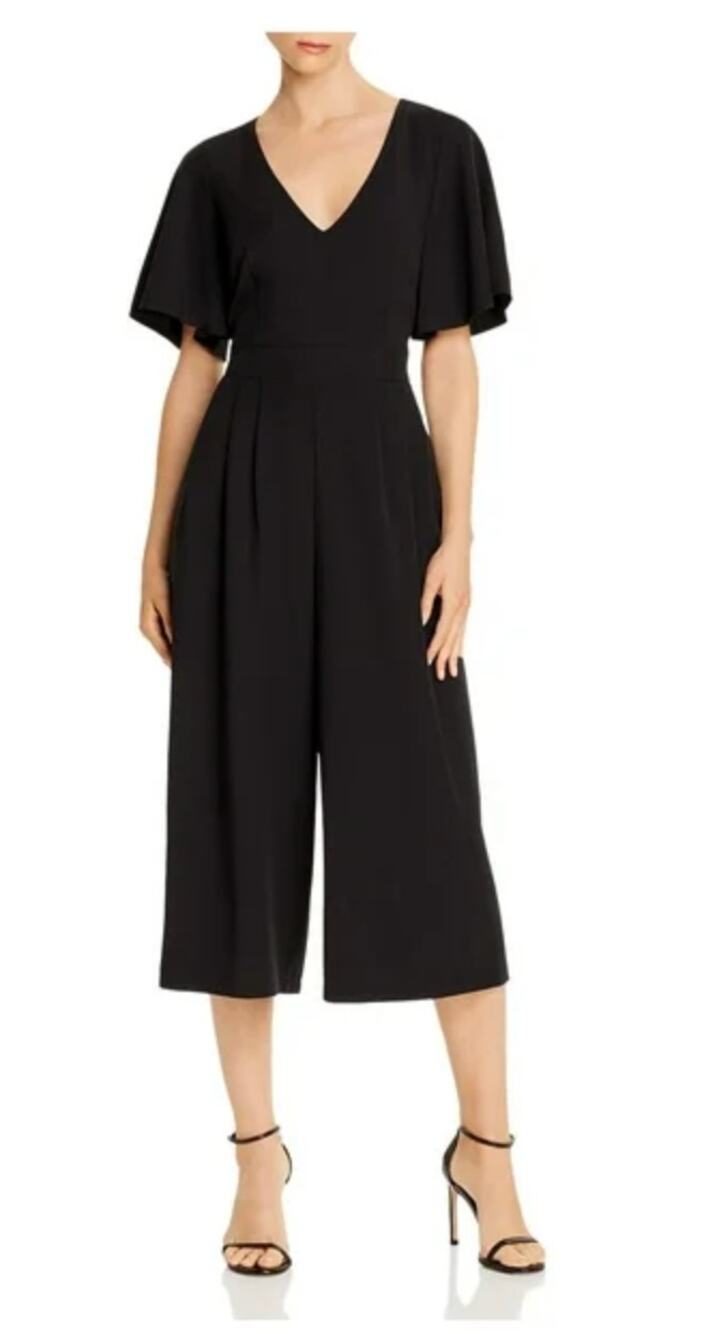 Eliza J V Neck Short Sleeve Cropped Wide Leg Jumpsuit Womens 14 Black Tie Belt